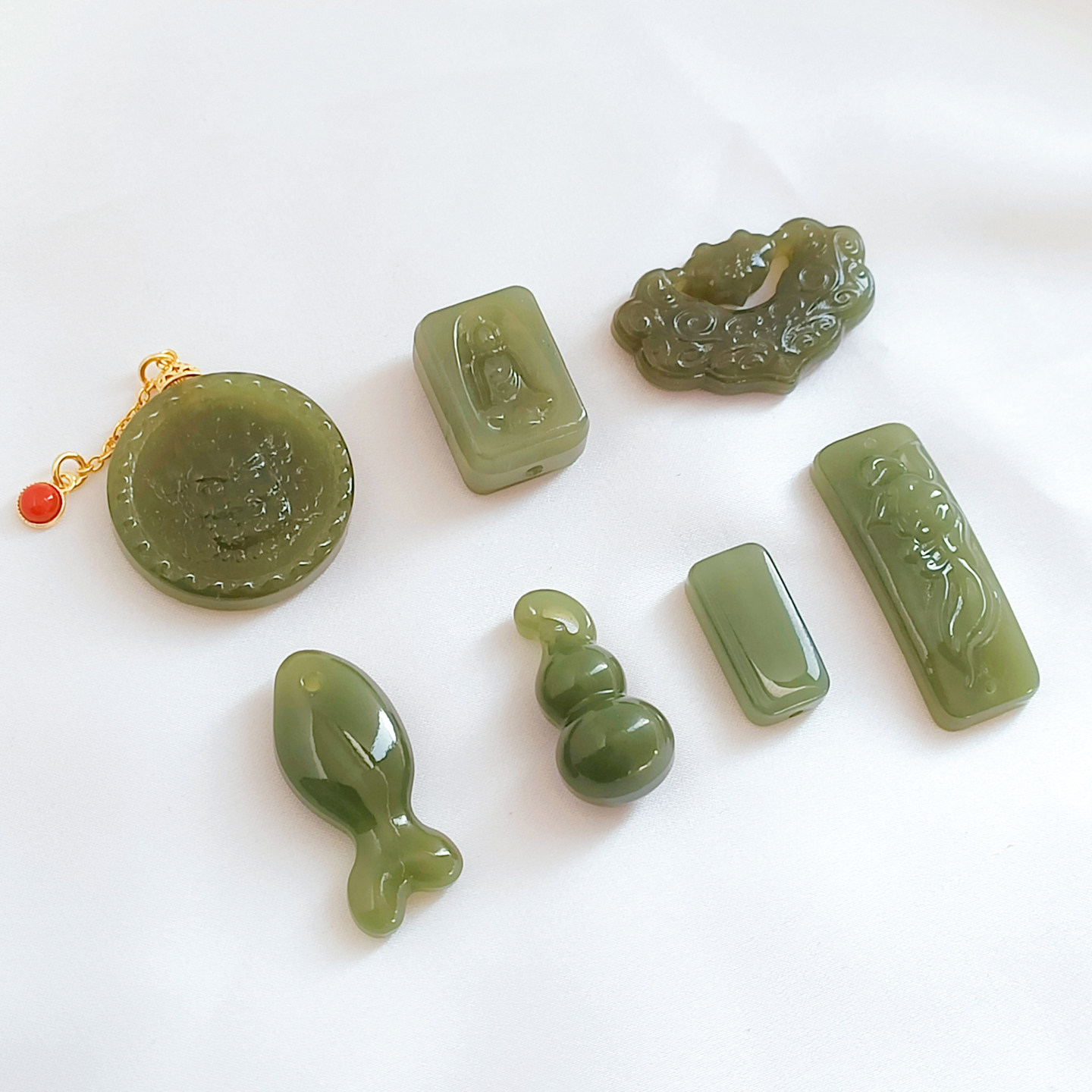 天然和田玉莲花手牌黄财神如意锁葫芦雕刻吊坠手工diy手链配件