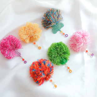 天然石玛瑙翡翠黄玉手工毛球挂件彩色流苏装饰百搭配饰可爱小球球