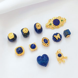 天然青金石保色18K包金方形椭圆屁桃隔珠手工diy饰品配件散珠配饰