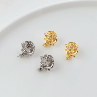 18K包金保色白K玫瑰花带吊托S925银耳针手工DIY耳饰耳环配件材料