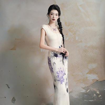 人间蜉蝣花影·蛇踪印花系列新中式连衣裙女水墨画修身旗袍鱼尾裙