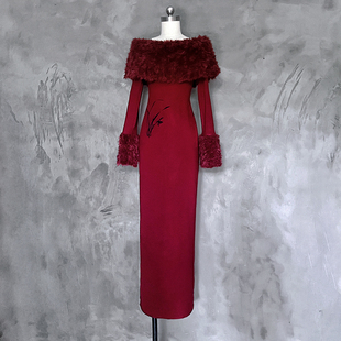 人间蜉蝣 既白岚兮系列兰生幽谷拼接皮草兰草植绒烫花连衣裙