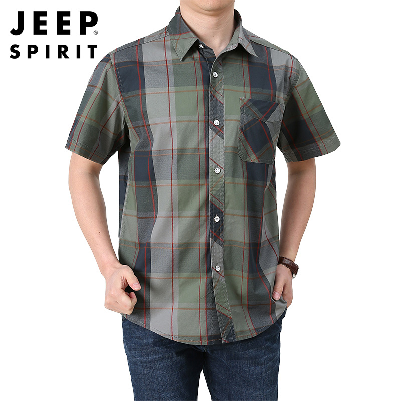 JEEP/吉普短袖衬衫男夏季薄款工装男士格子衬衫纯棉衬衣潮流帅气