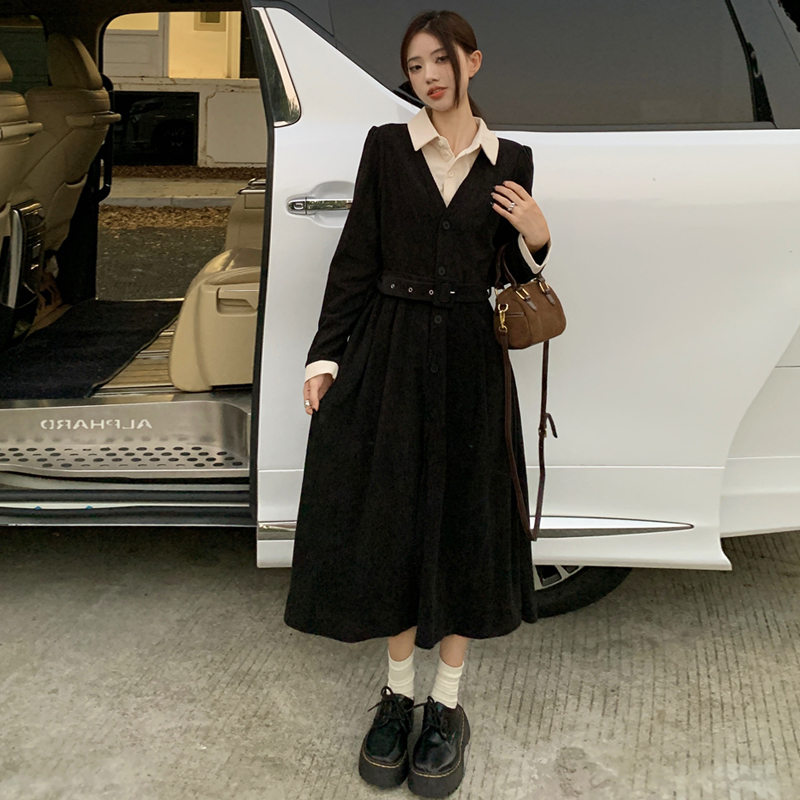 大码女装假两件灯芯绒显瘦连衣裙