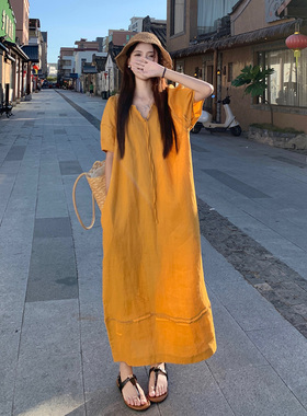 大码女装胖mm多巴胺宽松遮肉V领灯笼袖亚麻连衣裙减龄显瘦休闲裙