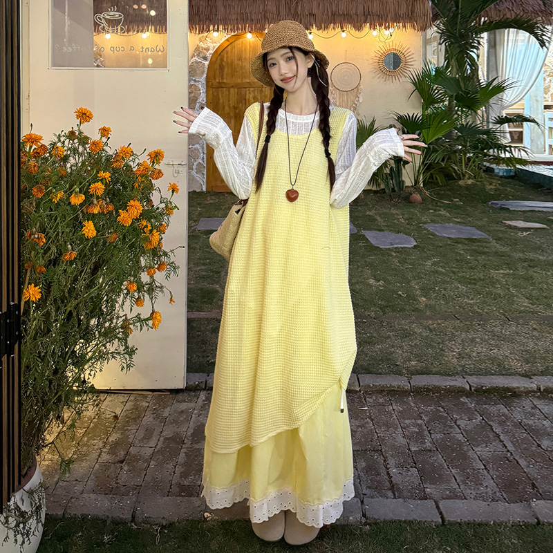 大码女装胖妹妹春季不规则背心连衣裙宽松内搭T恤打底半身裙套装