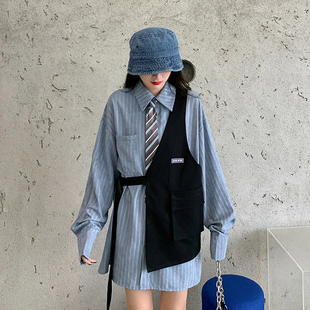 中长款 大码 套装 胖妹妹学院风设计感马夹衬衫 小众宽松显瘦衬衣 女装