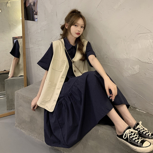 学院风宽松遮肉显瘦连衣裙洋气减龄马甲套装 大码 新款 胖mm春季 女装
