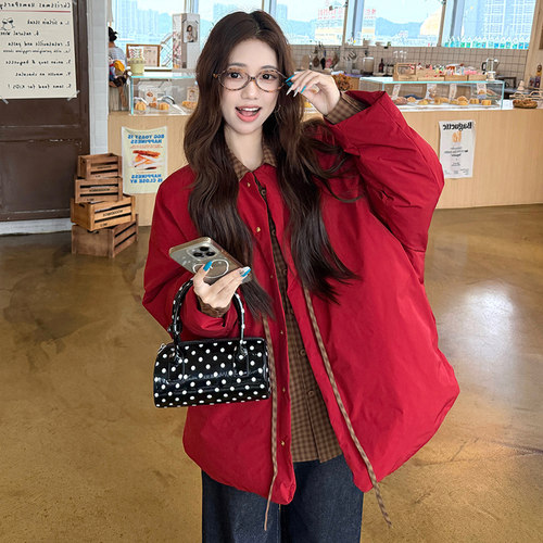 大码女装格纹衬衫棉服外套两件套