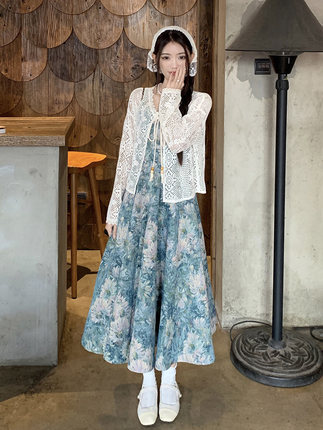 大码女装胖妹妹2025初春新款复古油画碎花吊带连衣裙防晒开衫套装