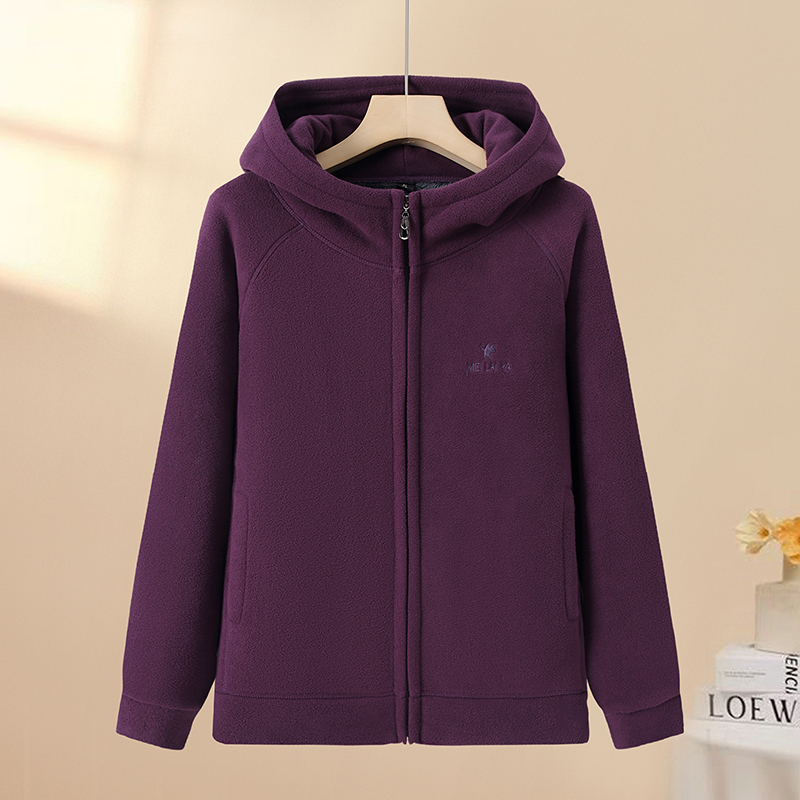 中老年女装秋冬摇粒绒外套开衫连帽加绒卫衣加厚妈妈上衣大码绒衣