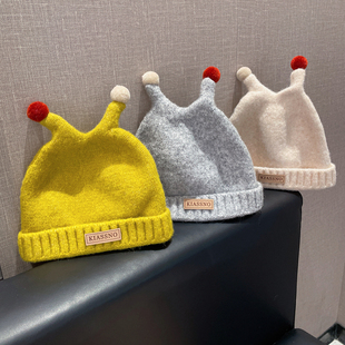 秋冬新款可爱圆球触角宝宝针织帽护耳保暖百搭防寒儿童毛线套头帽