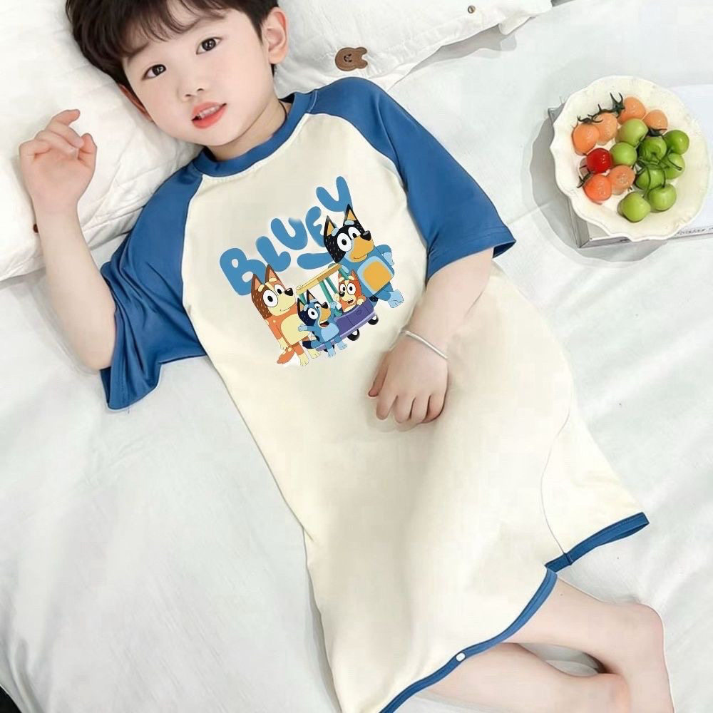 儿童睡裙夏季新款纯棉男童睡衣中大童家居服男孩半袖睡裙空调服