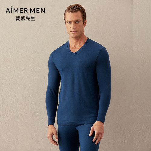 爱慕先生保暖内衣男士秋衣含羊毛磨毛里单层V领打底上衣NS72C941