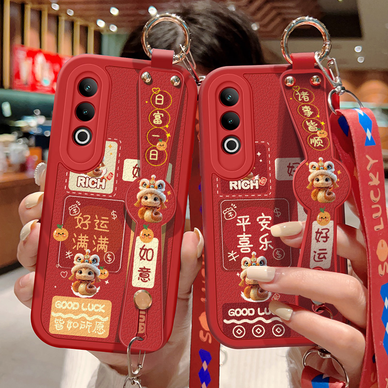 适用于oppok12手机壳防摔K12X红色小羊皮保护套OPPO喜庆祝福文字K12Plus可斜挎腕带壳背带挂绳蛇年好运新年款