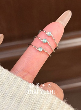 天然蓝水翡翠戒指s925纯银精致尾戒气质送礼物