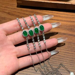 天然危料翡翠阳绿蛋面手链s925纯银镶嵌时尚百搭气质优雅女款礼物