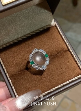 天然水沫玉戒指女轻奢高级感S925纯银新中式国风白冰蛋面玻璃种