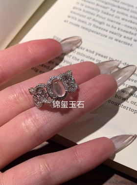 天然水沫玉戒指S925银镶嵌高冰玉石公主风蕾丝新中式礼物