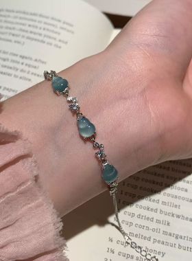 天然危料翡翠蓝水翡翠葫芦手链s925纯银镶嵌时尚百搭气质优雅女款