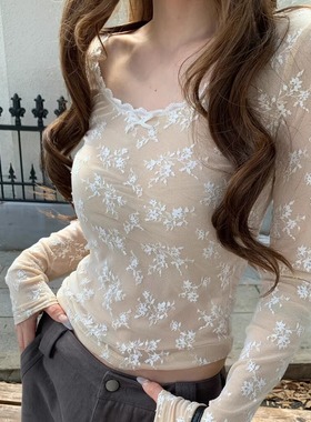 HOLDER十三行2025冬季新款时尚纯欲蕾丝拼接蝴蝶结百搭长袖T恤女