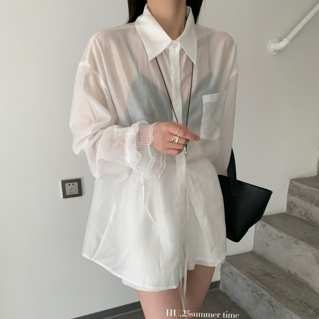 HU韩版2025夏季新款休闲宽松防晒衬衫上衣+休闲松紧腰裤子套装女
