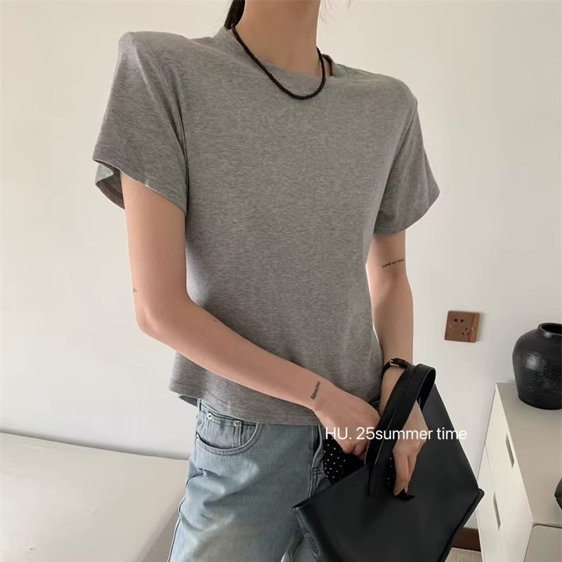 HU韩版时尚后露腰绑带设计感短袖T恤2025夏季新款百搭圆领上衣女
