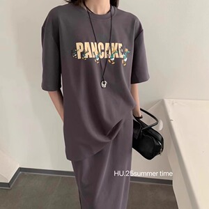 HU韩版2025夏季新款时尚宽松圆领字母印花短袖上衣休闲半身裙套装