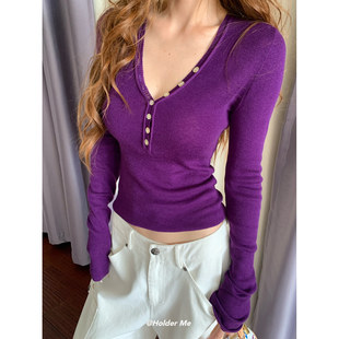 时尚 新款 修身 显瘦V领排扣内搭长袖 上衣 HOLDER韩版 针织衫 2025秋季