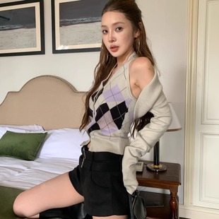 针织开衫 HOLDER十三行2025秋季 气质辣妹菱格背心 时尚 两件套 新款