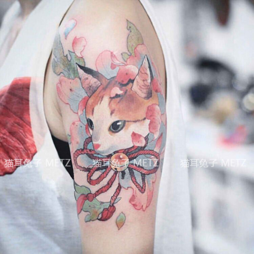 METZ韩国少女防水仿真男女纹身贴持久日系浮世绘猫咪半臂手臂贴纸