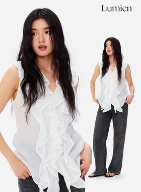 LUMIEN 松弛感100苎麻小飞袖立体褶饰无袖衬衫女春季新款修身小衫
