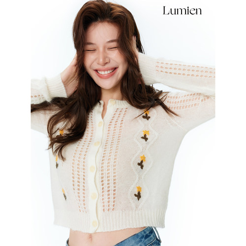 LUMIEN 手工勾花马海毛羊毛针织开衫女春季新款圆领长袖短上衣