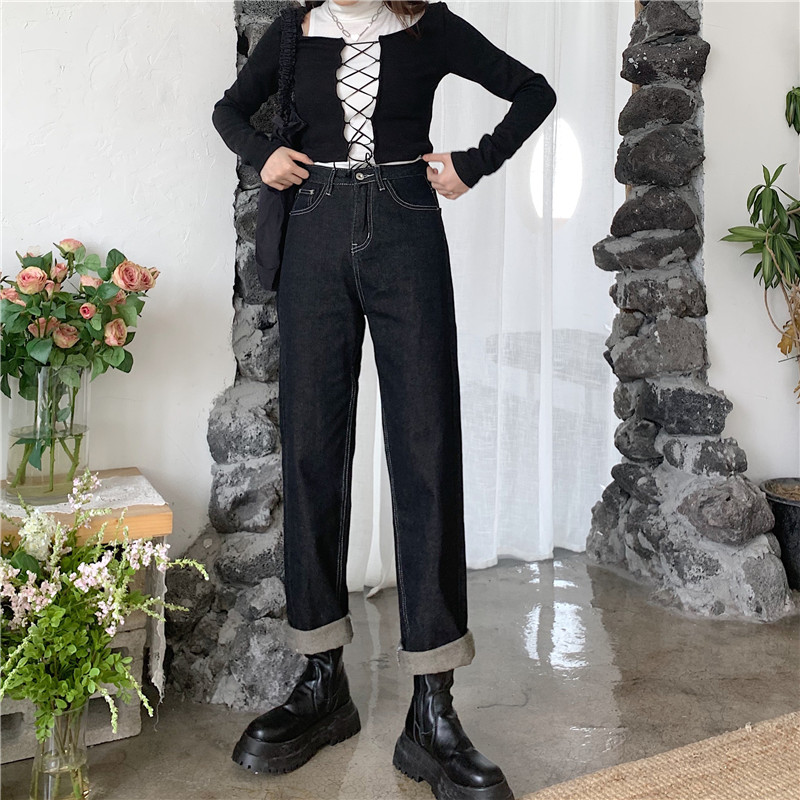Women's high waist straight tube show thin autumn winter Korean wide leg pants