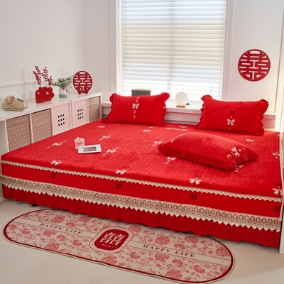 红色结婚防滑炕毯农村火炕单牛奶绒大炕盖榻榻米垫床盖专用四件套