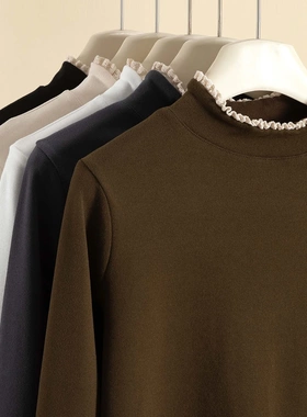 K2002双面磨毛微粒绒拼接花边打底衫女士秋冬季修身百搭长袖上衣