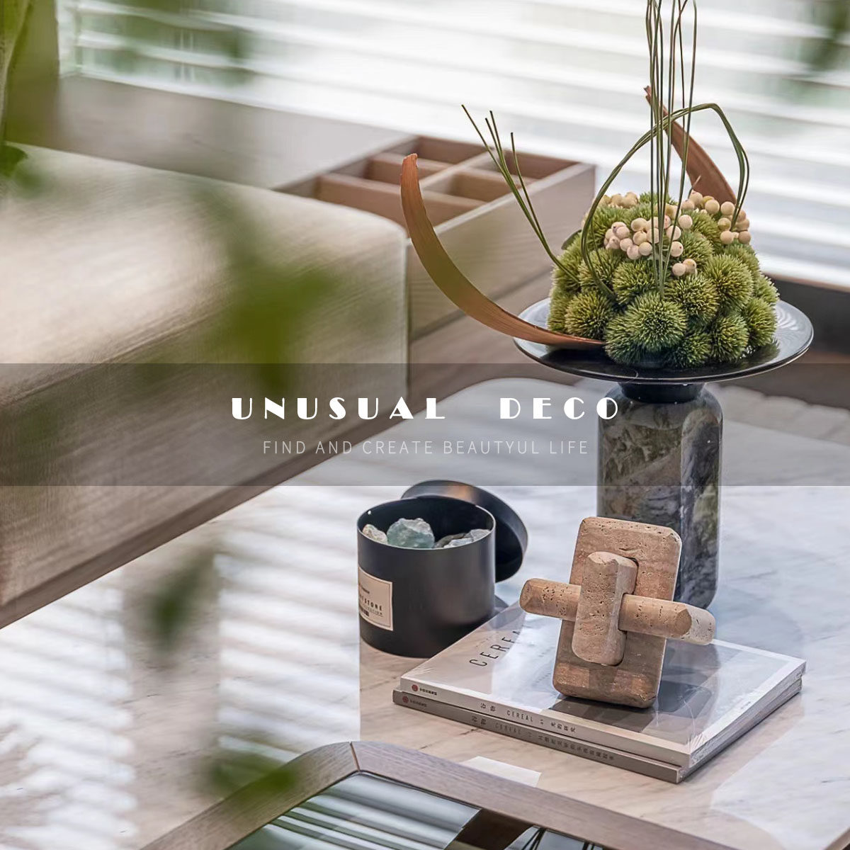 unusual 现代样板间组合饰品大理石喇叭花器洞石魔方香薰桌面摆件