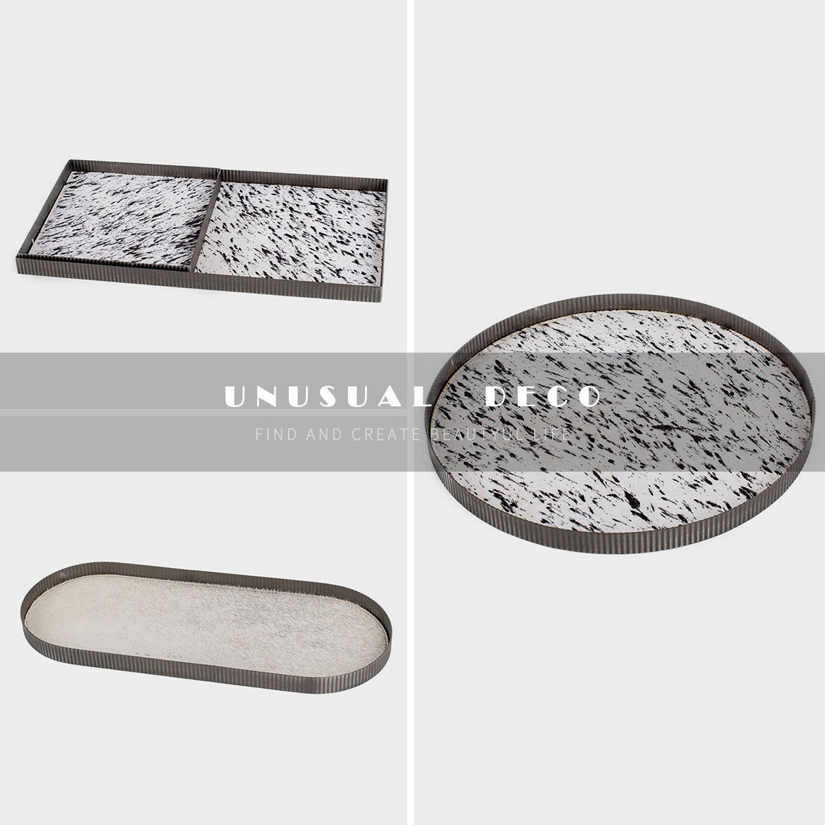 unusual 极简轻奢样板间装饰品圆形黑白斑点马毛托盘收纳摆盘摆件