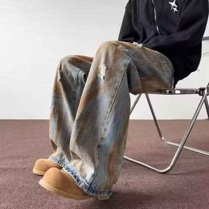 美式复古扎染脏脏破洞牛仔裤男款2025夏季新款阔腿高级感直筒长裤