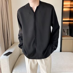 薄款 ins轻熟风立领衬衫 上衣服夏季 男长袖 痞帅冰丝衬衣高级感男装
