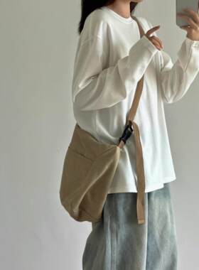 100%纯棉正肩灰色长袖t恤女2026新款春季百搭基础款宽松慵懒上衣