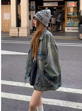 设计感宽松复古破洞休闲oversize慵懒风水洗夹克牛仔衣服外套女春