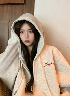 灰色拉链卫衣外套女2026新款爆款秋冬加绒加厚春季连帽开衫上衣