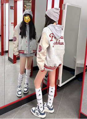 国潮牌灰色纽扣开衫字母短外套女春秋宽松显瘦设计感百搭棒球服潮