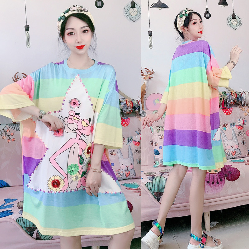 2025泰国潮牌新款重手工钉珠亮片立体花朵七彩虹宽松大T恤连衣裙