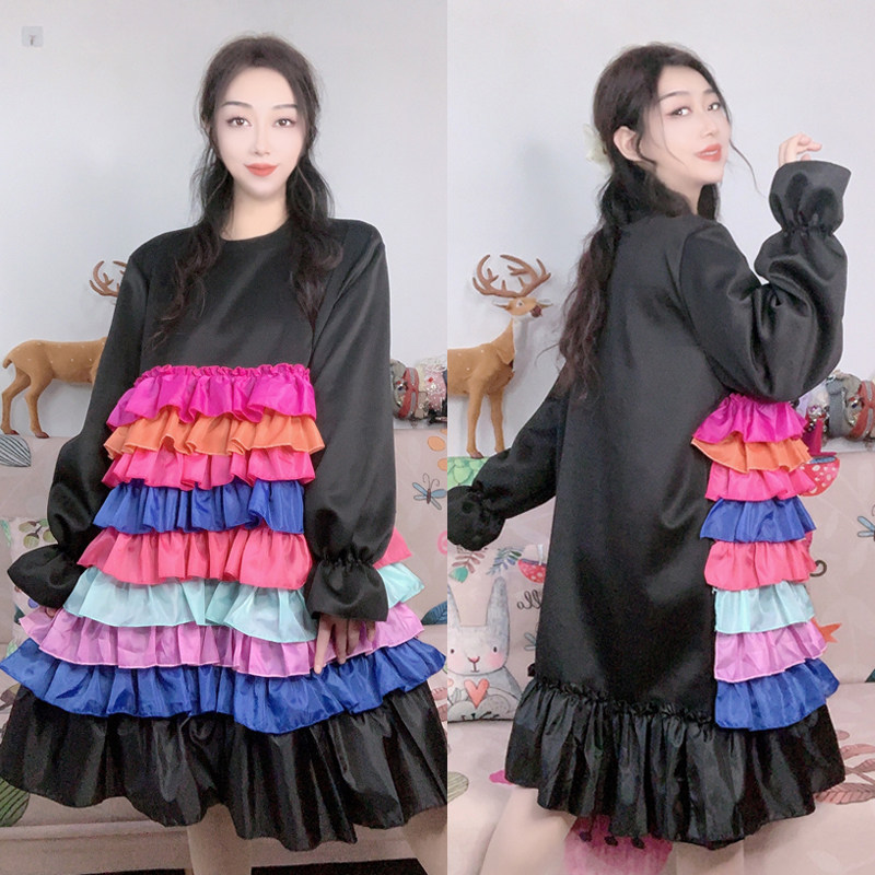 2025秋装新款设计师款重工七彩虹荷叶边拼接撞色宽松连衣裙潮显瘦