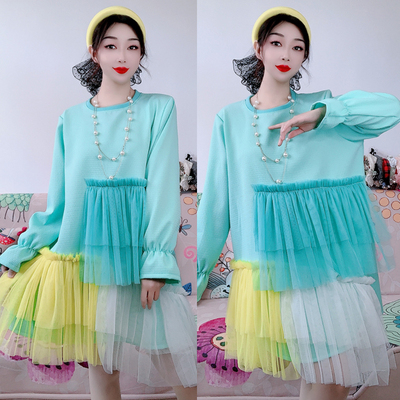 2025春装设计师款重工荷叶边撞色拼色网纱蕾丝不对称雪纺衫连衣裙