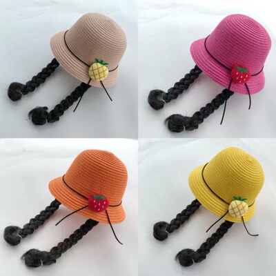 儿童夏季草帽女童公主大帽檐遮阳辫子假发帽子女宝宝2岁3小孩沙滩