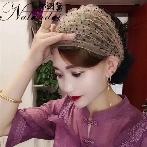 蕾丝网纱包头帽四季款遮白发修脸型轻薄透气妈妈帽洋气百搭发带帽