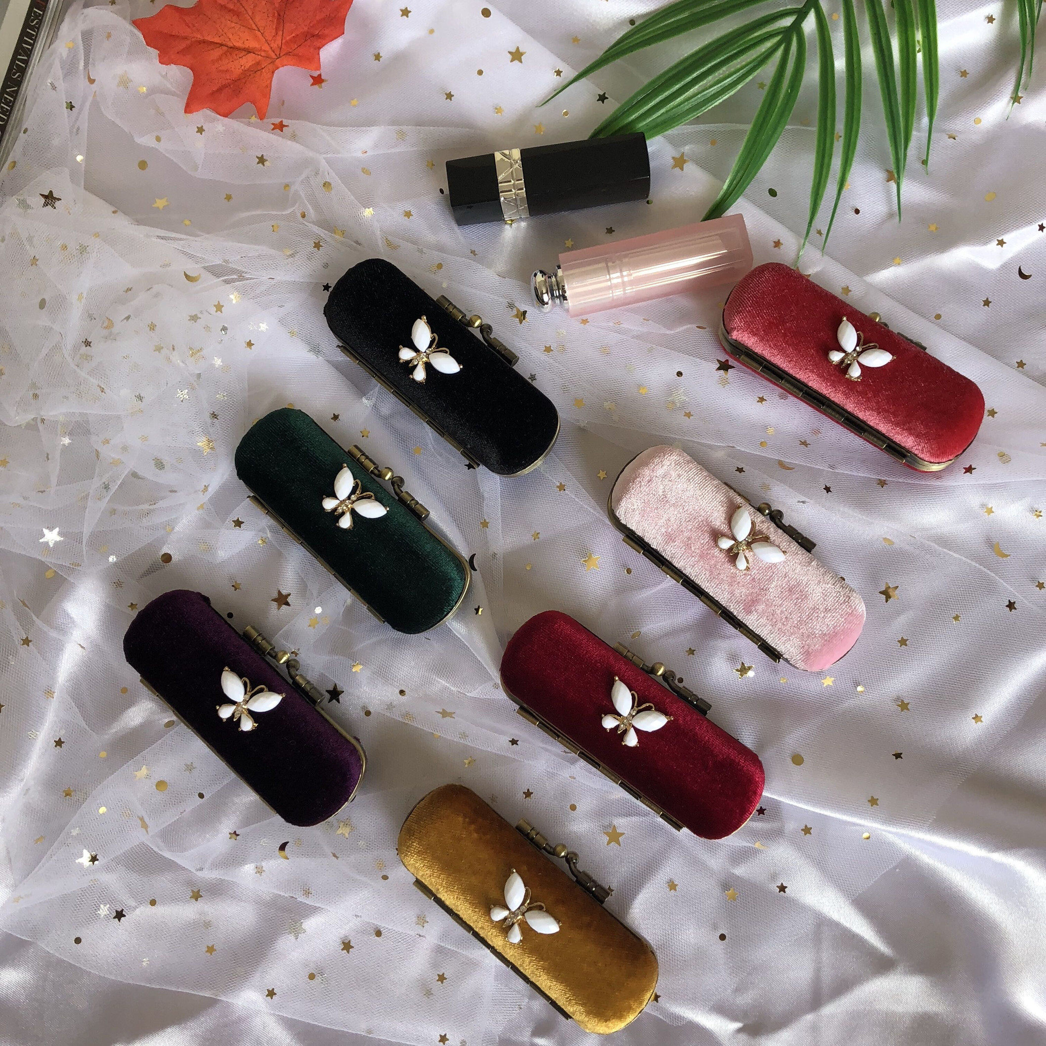 包邮 丝绒+乳白蝴蝶 单条装口红盒唇膏首饰盒带镜子 配礼品盒